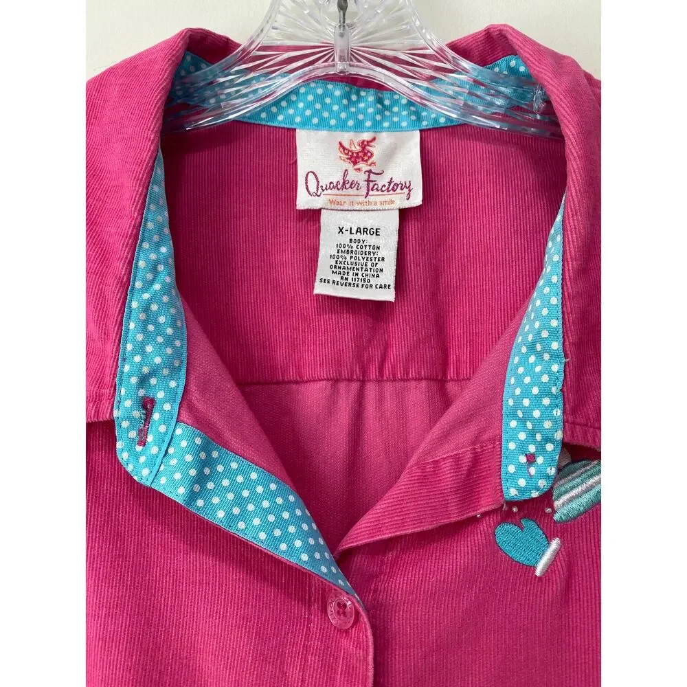 Quacker Factory Pink Corduroy Winter Shirt‎ Size XL Embellished Mittens Holiday